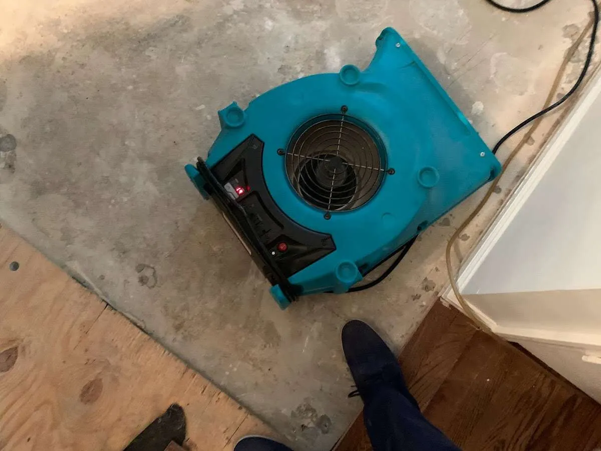 Air mover drying subfloor during Commercial Water Damage Restoration in Rocky Hill